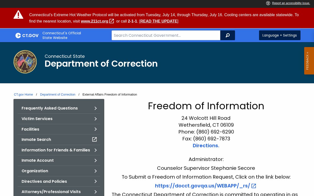 CT DOC FOI route for former Eddy DWI Unit historical release records