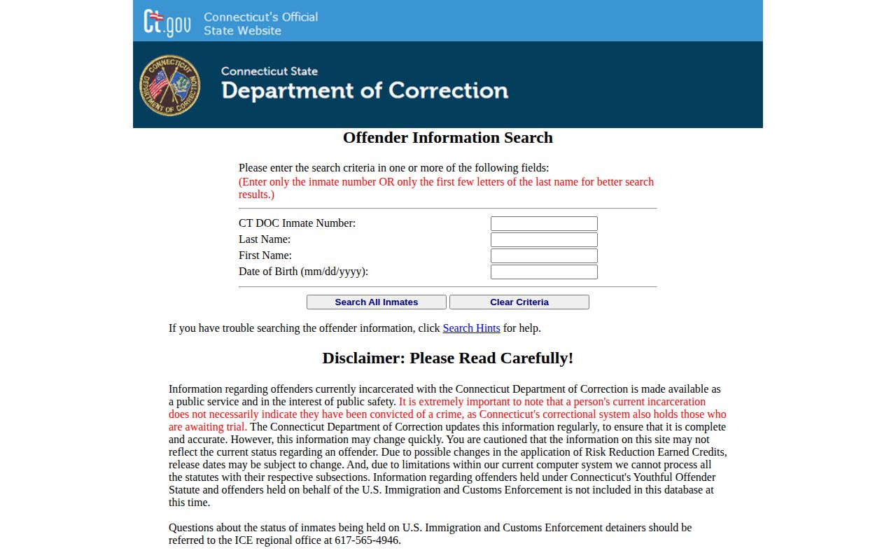 Middlesex County released inmate search on the official CT DOC form