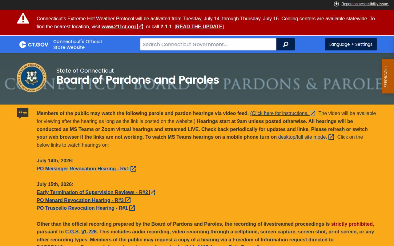 Middlesex County parole hearing information from Connecticut BOPP